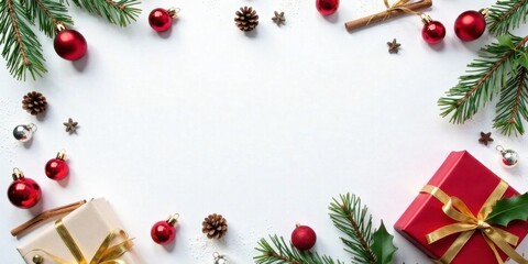Aufkleber - A Festive Holiday Scene Featuring Ornaments, Pine Branches, and Wrapped Presents, Perfect for Seasonal Greetings and Winter Celebrations
