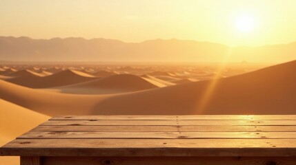 Aufkleber - Golden Hour Desert Vista with Rustic Wooden Tabletop