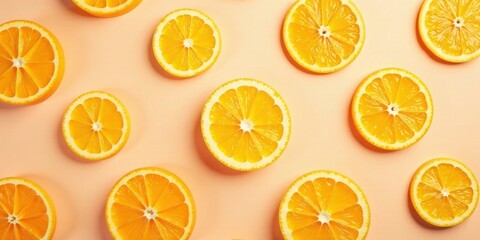 Poster - Vibrant citrus fruit slices arranged in a visually appealing pattern on a soft peach background, showcasing the juicy segments and fresh appearance of the fruit.