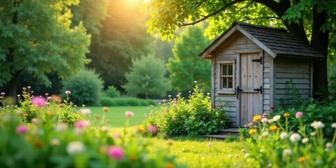 Aufkleber - Serene Summer Garden Shed Nestled Amongst Vibrant Blossoms and Lush Greenery Bathed in Golden Sunlight