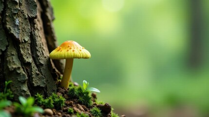 Poster - A vibrant yellow mushroom sprouts near a tree trunk, surrounded by lush green moss and tiny plants in a tranquil forest scene