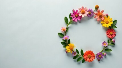 Poster - Vibrant Floral Circle Arrangement on Light Blue Background, Perfect for Spring or Summer Designs Featuring a Variety of Colorful Blossoms and Greenery