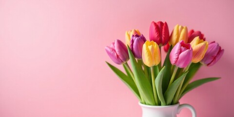 Poster - A vibrant bouquet of multicolored tulips arranged in a simple white vase against a soft pink backdrop.