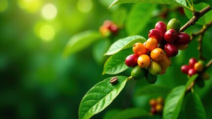 Poster - Vibrant Coffee Beans Ripening on Lush Green Branches, a Close-Up View Showcasing the Colorful Transition from Green to Red and Yellow Hues