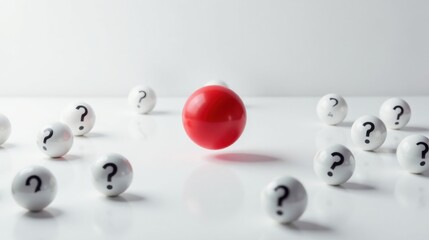 Poster - a single red sphere amidst numerous white spheres marked with question marks representing a unique s