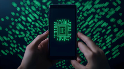 Poster - Hands Holding Smartphone Displaying Green Circuit Board Technology