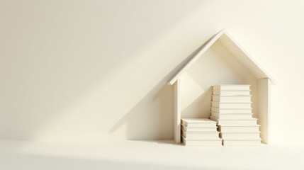 Aufkleber - A serene minimalist home interior scene featuring a house-shaped structure containing stacks of books, symbolizing knowledge, growth, and domestic tranquility.