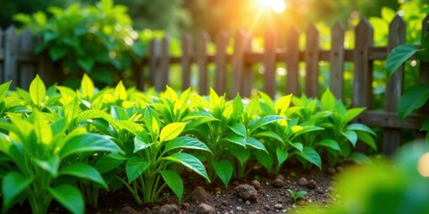 Poster - Vibrant Green Seedlings Flourishing in a Sunlit Garden Bed, Behind a Rustic Wooden Fence
