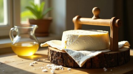 Poster - Artisan Cheese on Rustic Wooden Display with Golden Oil