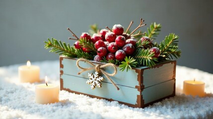 Aufkleber - A rustic wooden box filled with winter berries, evergreen sprigs, and a snowflake decoration sits amidst softly glowing candles on a snowy surface.