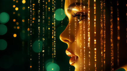 Fototapete - A captivating digital environment comes to life with falling symbols and holographic effects, blending technology and artistry in a surreal atmosphere at twilight