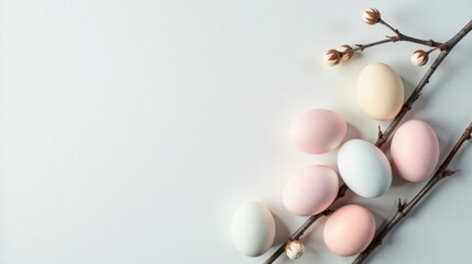 Poster - Pastel Eggs and Blossoms on a White Background A Springtime Still Life