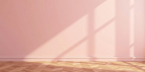 Aufkleber - Pastel Pink Wall with Hardwood Floor and Sunlight Shadows A Minimalist Interior Design Background