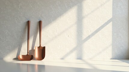 Aufkleber - Elegant Copper Trowel and Scoop Against a Textured Wall in Soft Sunlight