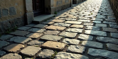 Poster - Sun-Dappled Stone Path Leading to a Mysterious Doorway, Revealing a Textured Surface of Irregularly Shaped Cobblestones Set in Sand