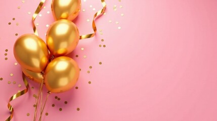Poster - A cluster of shiny gold balloons rests on a soft pink background, adorned with scattered golden confetti and elegant ribbons, creating a festive and celebratory scene.