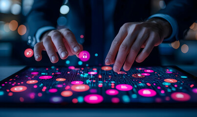 Aufkleber - Hands Interacting with Colorful Digital Interface in Modern Technology