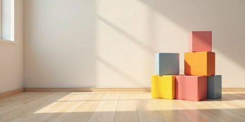 Aufkleber - Brightly colored cubic blocks arranged in a minimalist interior setting against a sunlit wall