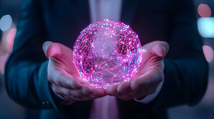 Poster - Hands Holding a Glowing Globe of Digital Connections and Data