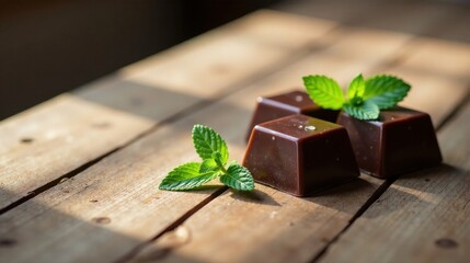 Poster - Delicious Dark Chocolate Cubes Adorned with Fresh Mint Sprigs on Rustic Wooden Surface