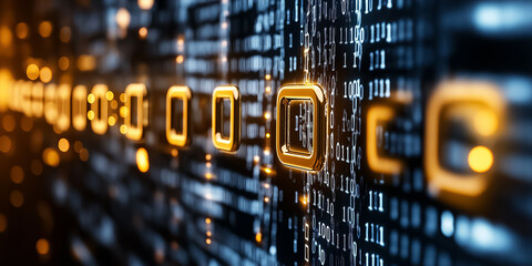 Fototapete - A captivating digital matrix displays a cascade of glowing symbols against a backdrop of binary code, creating a mesmerizing, holographic atmosphere filled with energy and movement