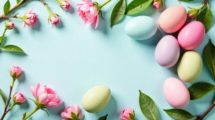 Poster - Pastel Easter Eggs and Delicate Spring Blossoms Arranged on a Light Blue Background