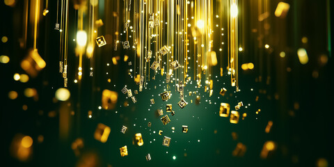 Fototapete - Floating symbols gracefully descend through a dark digital environment, illuminated by ethereal holographic light. The interplay of colors creates an enchanting atmosphere