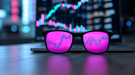 Poster - Glasses with Pink Lenses Reflecting Stock Market Data on Computer