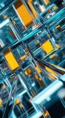Poster - Abstract composition of interconnected glass structures with vibrant orange accents, creating a futuristic environment, suggesting innovation and technology in a digital landscape