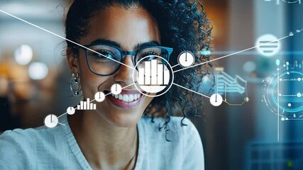 Poster - Digital Insights: A close-up of a professional woman, exuding intelligence and expertise, surrounded by a futuristic digital overlay of data visualizations. 