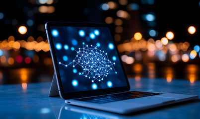 Poster - Futuristic Digital Network Display on Tablet in Urban Night Scene