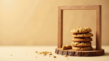 Poster - A stack of freshly baked oatmeal cookies displayed on a rustic wooden stand, with scattered cookie crumbs and nuts, creates a tempting and inviting image.