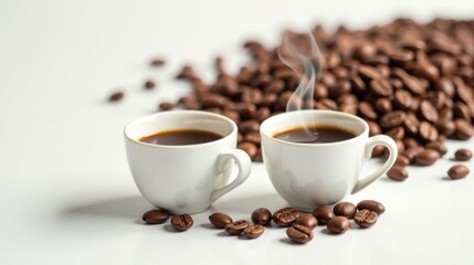 Aufkleber - Two steaming cups of freshly brewed coffee alongside a scattering of roasted coffee beans on a pristine white surface.
