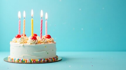 Poster - Delightful Birthday Cake with Lit Candles and Sprinkles on a Pastel Background