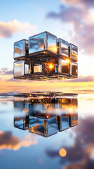 Poster - A mesmerizing fractal composition captures a giant cube formed from countless smaller cubes, all suspended in an endless void. The reflection sparkles in a twilight ambiance