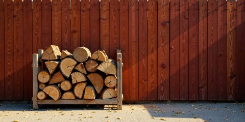 Poster - Rustic wooden firewood rack against a rich stained fence, bathed in sunlight