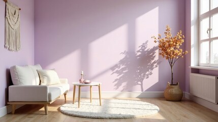 Poster - Serene Living Room with Soft Hues and Natural Light Featuring a Cozy Sofa, Woven Wall Hanging, and Decorative Plant in a Woven Basket