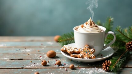 Poster - Warm Holiday Beverage with Whipped Cream and Festive Cookies on Rustic Wooden Table