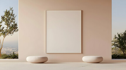 Poster - Minimalist Art Space with Blank Canvas and Soft Seating Design