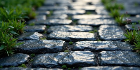 Poster - A Serene Path of Dark Stones, Adorned with Vibrant Green Sprouts and Delicate Pink Blossoms, Beckoning the Eye Downward
