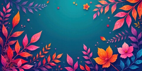 Aufkleber - Vibrant Autumnal Leaves and Flowers Frame a Teal Background, Perfect for Seasonal Designs and Festive Celebrations