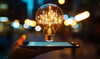 Poster - Innovative Light Bulb Concept with Cityscape Inside on Tablet Display