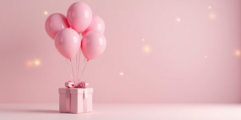 Aufkleber - Pink Balloons Float Above a Gift Box on a Soft Pink Background