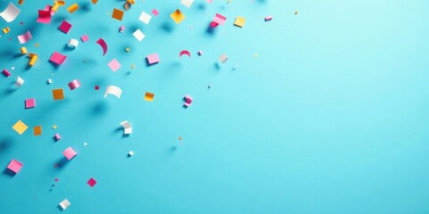 Poster - Colorful confetti falling on a light blue background, celebrating a joyous occasion, perfect for festive designs and celebrations.