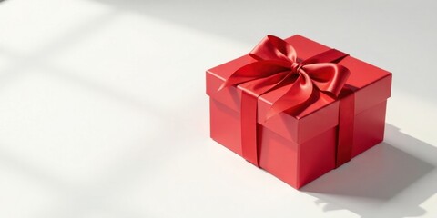 Aufkleber - A vibrant red gift box adorned with a luxurious satin ribbon bow, presented against a minimalist white backdrop, bathed in soft, natural light.