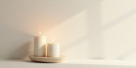 Poster - Serene Candlescape Two Illuminating Pillars on a Wooden Tray Against a Soft, Light Background