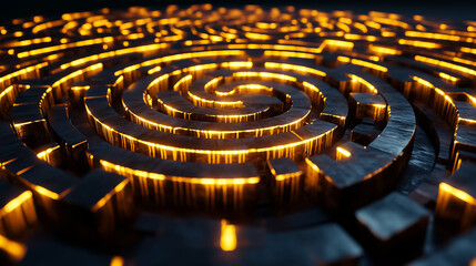 Fototapete - Exploring an intricate fractal labyrinth, radiant edges contrast with profound shadows, evoking a sense of endless possibility in a surreal environment