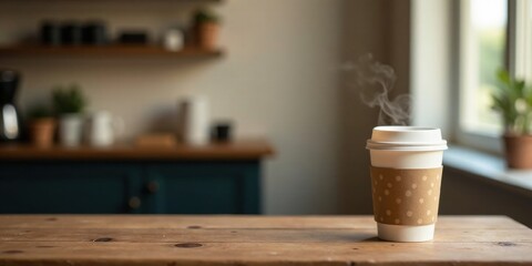 Poster - Aromatic Steam Rising from a Paper Coffee Cup on a Rustic Wooden Table in a Cozy Kitchen Setting