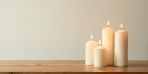 Aufkleber - Serene Illumination Four Lit Candles on Wooden Surface, Peaceful Atmosphere, Soft Light, Simple Still Life