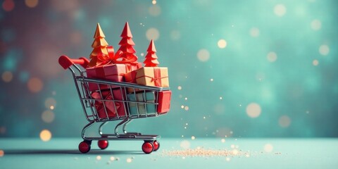 Aufkleber - A miniature shopping cart overflowing with festively wrapped gifts and miniature Christmas trees, set against a shimmering teal backdrop.